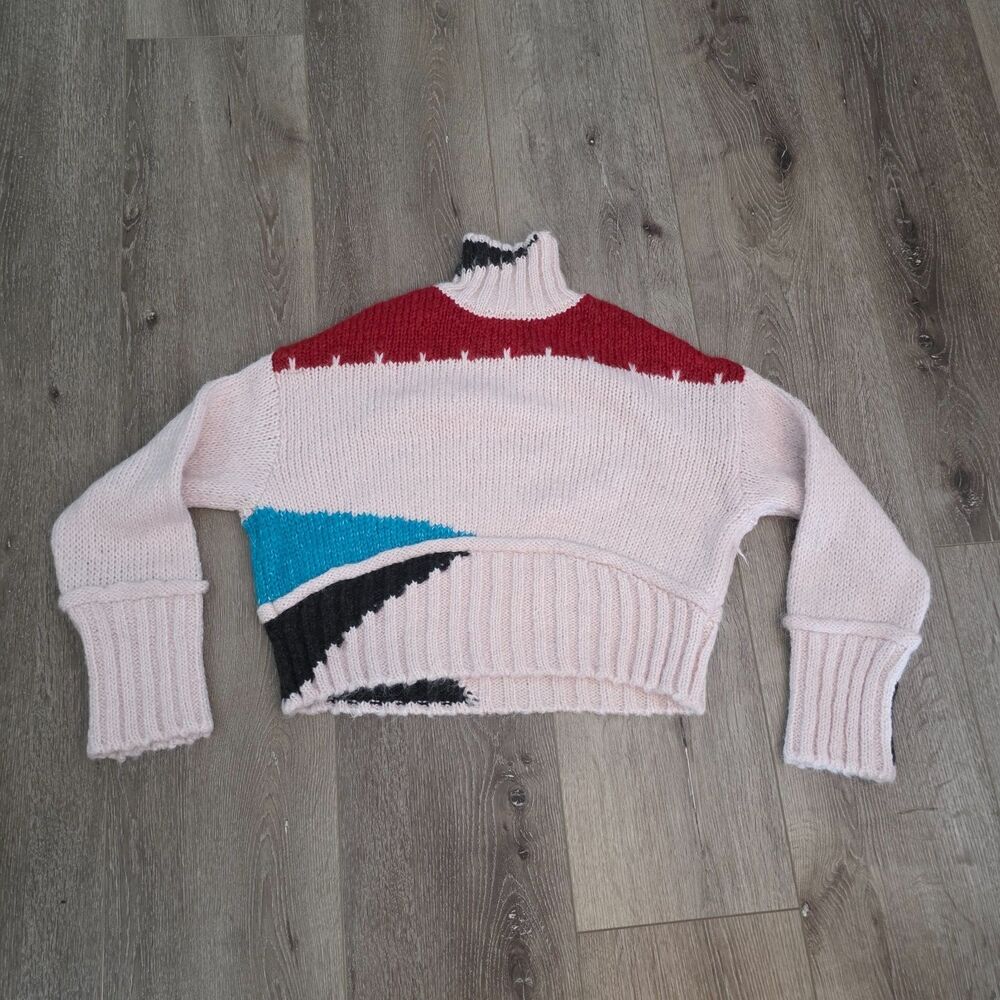 Zara Y2K Chunky Knit Mock Neck Color block Wool Blend Ski Sweater Pink Sz S